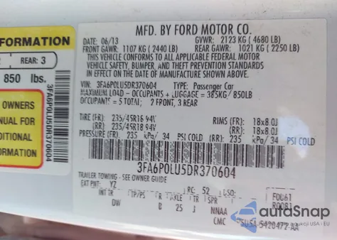 2013 Ford Fusion Hybrid Se z USA, uszkodzony, nr VIN 3FA6P0LU5DR370604